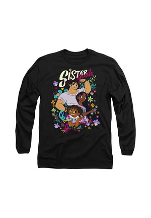 Black long-sleeve shirt featuring a colorful graphic of three characters surrounded by floral elements and the text "Sister Goals."