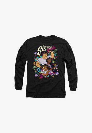 Black long-sleeve shirt featuring a colorful graphic of three characters surrounded by floral elements and the text "Sister Goals."