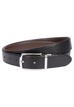 Schwarzer Leder Gürtel mit strukturiertem Oberflächen, silberner Metallschnalle und mehreren Einstelllöchern. Braune Fütterung auf der Innenseite sichtbar.