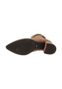 Stivale alla caviglia in suede marrone con punta affusolata, tacco basso e dettaglio in oro. La suola è in gomma nera con una finitura testurizzata.