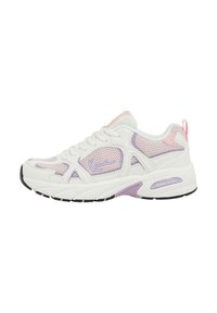 White sneaker with purple and pink accents, mesh upper, textured overlays, and a chunky sole. Features branding on the side and back.