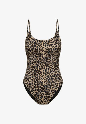 Jednodielne plavky s tenkými ramienkami a béžovo-čiernym leopardím vzorom na bielom pozadí.