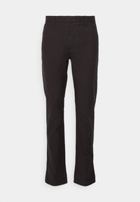 Dark brown cotton trousers with a straight cut. Features a single button closure and a smooth texture with no visible patterns.