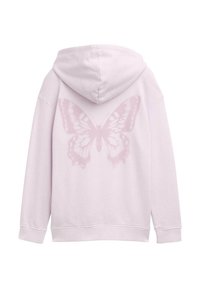 Lichtroze hoodie met een grote, subtiele vlinderprint op de achterkant. Zachte stof, lange mouwen en een capuchon met een klassiek snit.