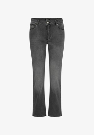 Pelēki džinsi ar taisnu kāju dizainu, ar standarta jostasvietu, priekšējām kabatām un mazu izbalēšanu tekstūras radīšanai.