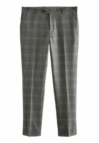 Grau karierte Hose mit maßgeschneiderter Passform, ausgestattet mit einer glatten Oberfläche, Fronttaschen und einem oberen Knopfverschluss.
