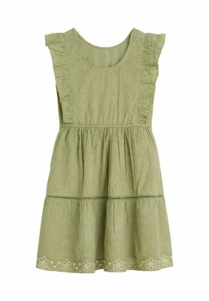 Light green sleeveless dress with ruffled shoulder straps, textured fabric, tiered skirt, and white floral embroidery along the hem.