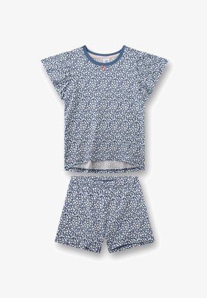 Blaues, kurzärmeliges Oberteil mit Blumenmuster und passende Shorts mit elastischem Bund für Kinder, verziert mit einer kleinen rosa Schleife am Ausschnitt.