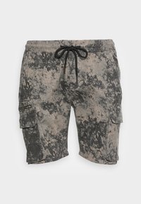 Bermudas em um padrão abstrato cinza e bege, com um cós ajustável, bolsos laterais e um bolso com zíper no lado esquerdo.