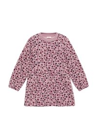 Robe à manches longues en jersey de couleur rose doux, avec un motif floral en bordeaux foncé, bleu marine et rose doux. Taille froncée et encolure arrondie.