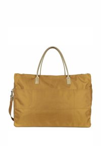 Beige Stofftragetasche mit beige Lederakzenten, doppelten weichen Griffen, verstellbarem Schultergurt und Fronttasche. Reißverschlussverschluss oben.