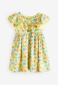 Blumenkleid in Gelb mit grünen und rosa Akzenten, mit Rüschenärmeln und einer Knopfschließe hinten. Leichter Stoff mit einem gerafften Rock.