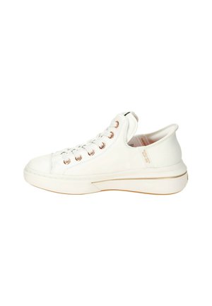 White leather sneaker with round toe, flat sole, and rose gold eyelets. Textured upper, cushioned collar, and subtle branding on the side.