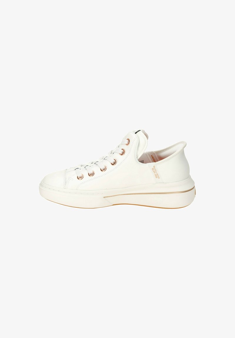 Weiße Ledersneaker mit runder Spitze, flacher Sohle und roségoldenen Ösen. Texturiertes Obermaterial, gepolsterter Schaft und dezente Markenkennzeichnung an der Seite.