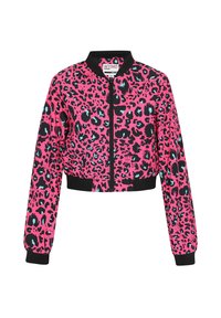 Afkortet bomberjakke i lys pink med et sort og turkist leopardmønster. Den har lynlås foran og sorte ribbede manchetter og kant.