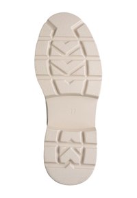 Semelle de chaussure en caoutchouc blanc avec un motif de grip texturé et des stries horizontales. Taille indiquée comme "37" près du centre. Design plat et de forme ovale.