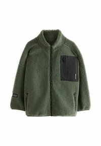 Fleece jacket in olive green with a high collar, zippered chest pocket, and two front pockets. Textured fabric with a soft finish.