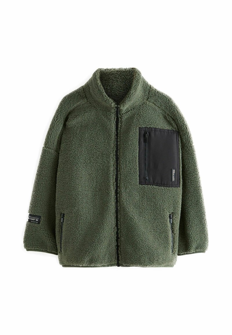 Fleece jacket in olive green with a high collar, zippered chest pocket, and two front pockets. Textured fabric with a soft finish.