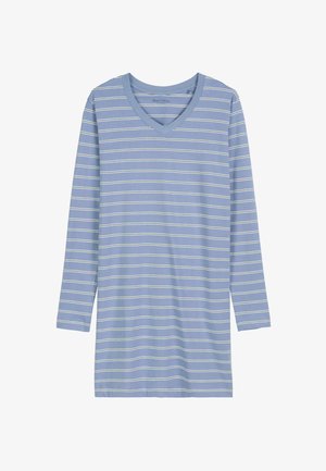 Light blue long-sleeve shirt with white horizontal stripes, V-neck, soft cotton fabric, and a relaxed fit. Ideal for casual wear.