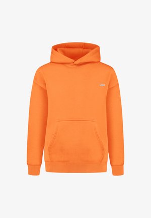 Orange hoodie med kengurulomme, ribbede manchetter og kant. Lavet af blødt stof; har et lille logo på brystet.