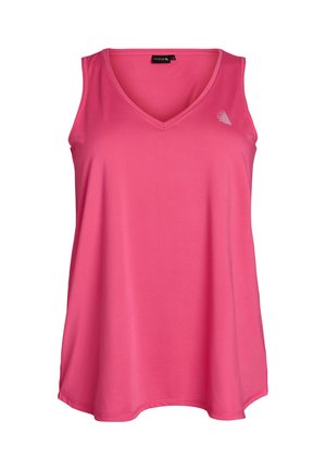 Top atlético sin mangas de escote en V de color rosa brillante con un pequeño logo blanco en la parte superior izquierda del pecho, mostrado sobre un fondo blanco.