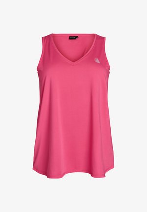 Kirkkaan pinkki hihaton V-kaula-aukollinen urheilutoppi, jossa pieni valkoinen logo vasemman ylärinnan kohdalla, valkoisella taustalla.