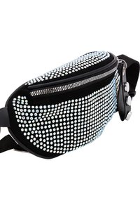 Borse a fanny pack nera con chiusura a zip, decorata con strass trasparenti, dotata di una superficie liscia e cinghia regolabile.