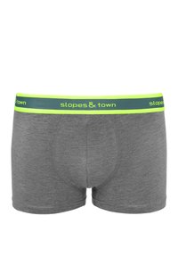 Szare bawełniane boksery z zielono-neonowym paskiem w talii, na którym w powtarzającym się wzorze znajduje się tekst "stoki & miasto".