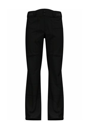 Black pants with a straight-leg design, made of durable fabric. They feature two front pockets and button closure at the waist.