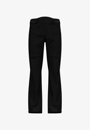 Black pants with a straight-leg design, made of durable fabric. They feature two front pockets and button closure at the waist.