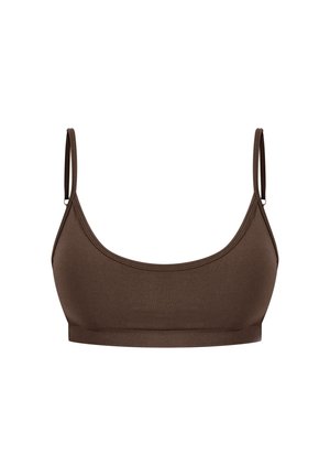 Bralette marron avec de fines bretelles réglables, texture lisse et encolure arrondie. Présente une bande sans couture en bas pour le soutien.