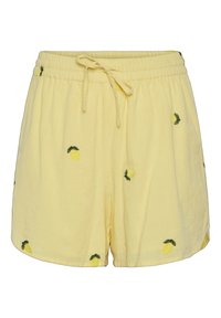 Žluté šortky vyrobené z lehkého materiálu s výšivkou citronu a zelenými listy. Mají elastický pas s tkaničkou.