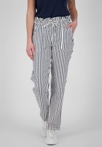 Pruhované široké kalhoty v námořnické modré a bílé barvě z bavlny, s elastickým pasem, šňůrkou a předními kapsami.