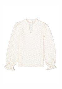 Weiße Bluse mit Diamantmuster, V-Ausschnitt, langen Puffärmeln und gerafften Manschetten. Strukturierte Baumwolle mit Rüschendetail am Ausschnitt.