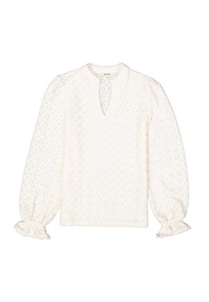 Witte blouse met diamantenpatroon, V-hals, lange pofmouwen en gathered manchetten. Getextureerde stof met ruches bij de halslijn.