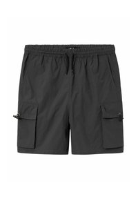 Svarta cargoshorts i lättviktig tyg, med elastisk midja, snörning och två sidofickor med klaff.