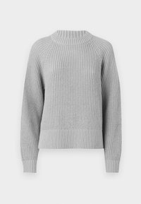 Maglione grigio a maglia con polsini e orlo a coste, caratterizzato da un collo alto e un design texture. Vestibilità rilassata con maniche a raglan.