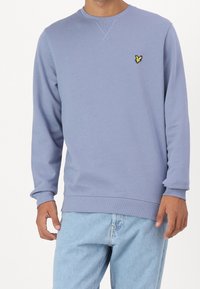 Ljusblå sweatshirt med rund halsringning, ribbade ärmslut och nederkant, med en liten gul broderad logotyp på vänster bröst. Avslappnad design.