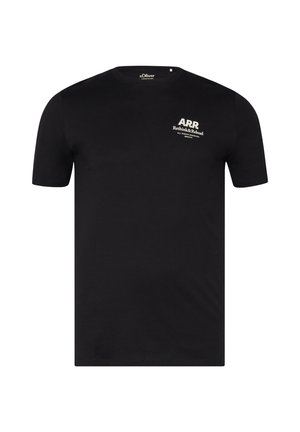T-shirt noir à manches courtes avec texte blanc "ARR Rethink&Reload" sur le côté gauche supérieur de la poitrine, col rond, design simple.