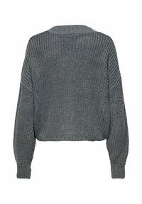 Kvačkano pletena, skrajšana jopica v temno sivi barvi s širokim rebrastim robom in spuščeni rameni. Teksturirana tkanina z udobnim prilegajočim se krojem.