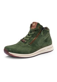 Green suede high-top sneaker with laces, side zipper, cushioned white sole, and brown leather logo patch on tongue.