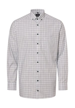 Herren-Hemd mit Knopfleiste in Hellgrau mit einem karierten Muster in Lila und Grün. Es hat lange Ärmel, eine Brusttasche und grüne Knöpfe.