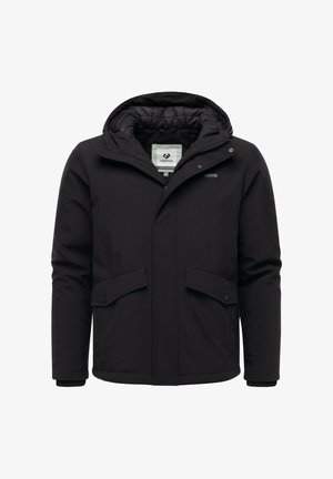 Schwarze, gefütterte Winterjacke mit Kapuze, Frontreißverschluss, Druckknopftaschen und gestepptem Innenfutter, Markenlabel sichtbar im Kragen.