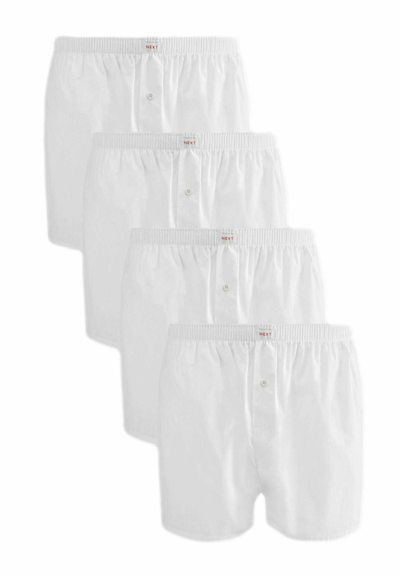 Weiße Baumwollboxershorts mit Knopfverschluss, elastischem Bund mit "NEXT"-Label und einer weichen, glatten Textur. Packung mit vier Stück.