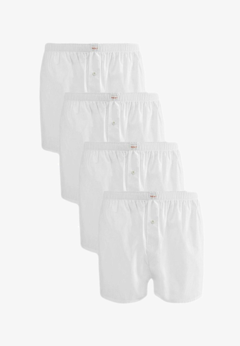 Weiße Baumwollboxershorts mit Knopfverschluss, elastischem Bund mit "NEXT"-Label und einer weichen, glatten Textur. Packung mit vier Stück.