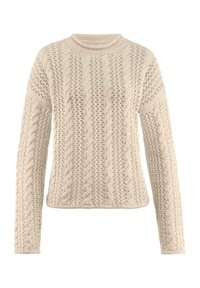 Cremfarbener gestrickter Pullover mit strukturiertem Zopfmuster, Rundhalsausschnitt und langen Ärmeln. Rippbündchen und -saum runden das Design ab.