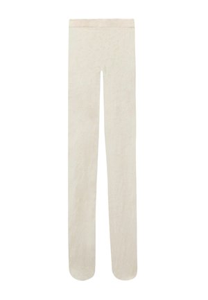 Kremowe przezroczyste rajstopy z delikatnym kwiatowym wzorem koronki i stopkami, rozłożone na płasko na białym tle.