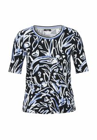 Zwart t-shirt met korte mouwen, voorzien van abstracte blauw en witte bloempatronen, met een ronde halslijn en een zachte, rekbare stof.