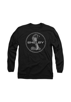 Schwarzes Langarmshirt mit einem kreisförmigen Logo, das eine stilisierte Schlange und den Text "SHELBY" in Silber zeigt. Hergestellt aus weichem Stoff, mit entspannter Passform.
