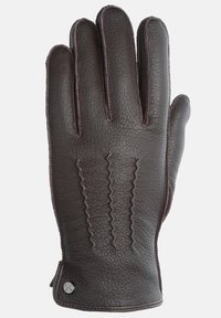 Brauner Lederhandschuh mit strukturiertem Finish, versehen mit gewölbten Nähten über dem Handrücken und einem Knopfdetail am Handgelenk.